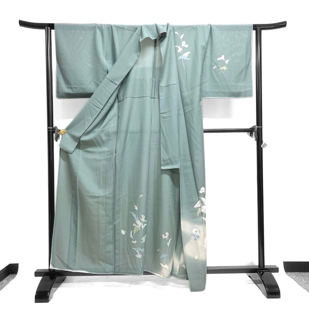 付け下げ 夏用 絽 花模様 流水 ぼかし染 グリーン 花模様 着物 064a d  