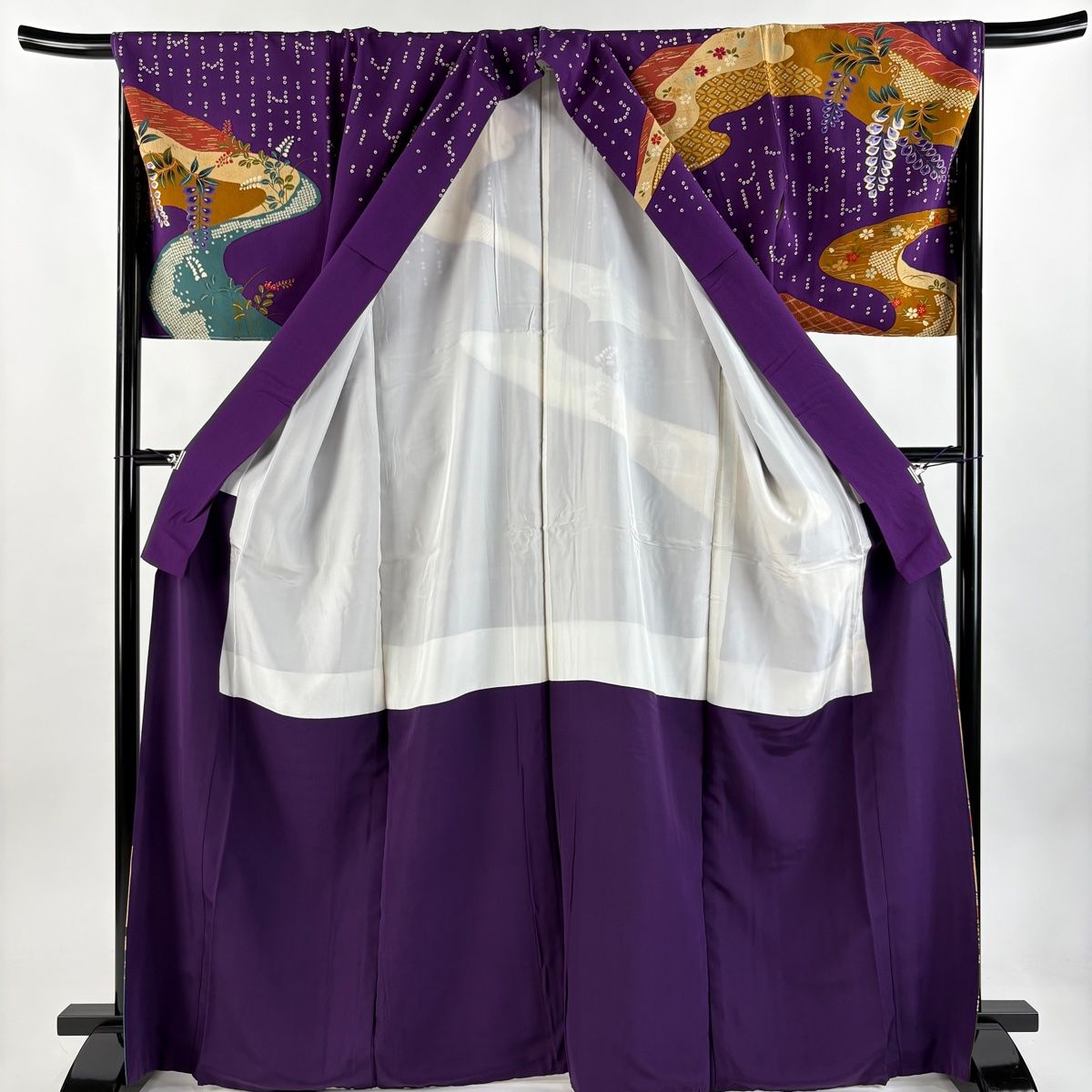 超美品　正絹　袷　螺鈿　金彩　訪問着　着物　着丈168裄70 トールサイズ　水色 訪問着 身丈168cm 裄丈69.5cm L 袷 枝花 金彩 螺鈿 水色 正絹 名品