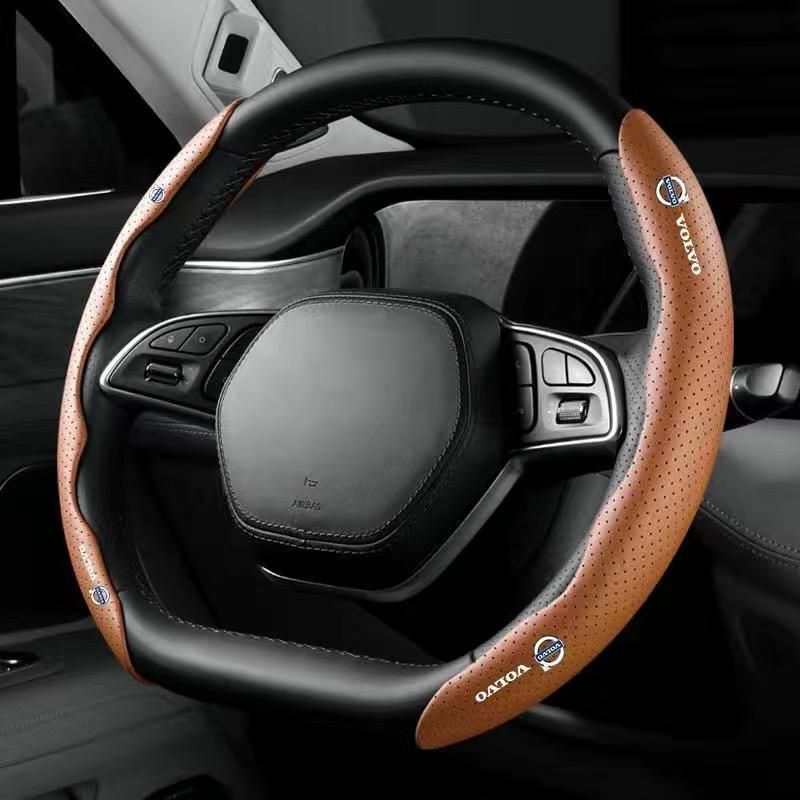 【新品未使用】ボルボ VOLVOブラウンハンドルカバー ハンドル保護 専車ロゴ ステアリングカバー レザー 滑り止め D型 O型 分割 タイプ 2本セット aacn qtm