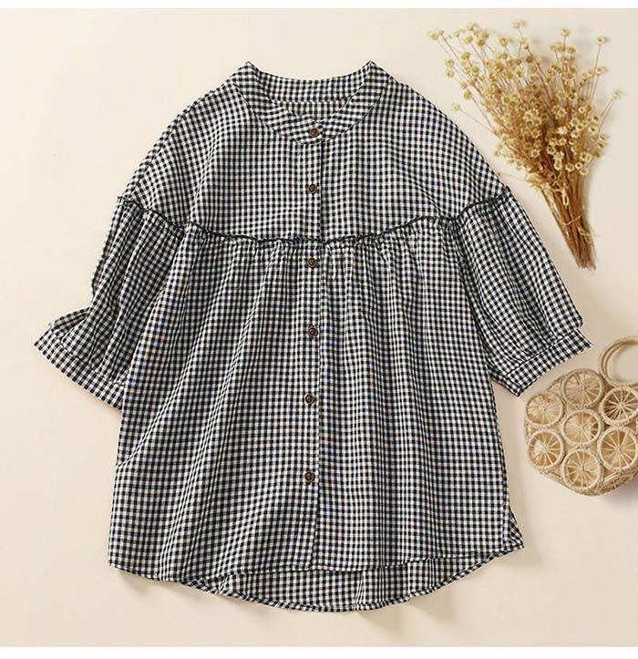 美品/FEKETE/フェケテ/半袖/ブラウス/ギャザータイトシャツ/チェック/L FEKETE（フェケテ）の「GATHER FEMININE TIGHT SHIRT / ギャザー