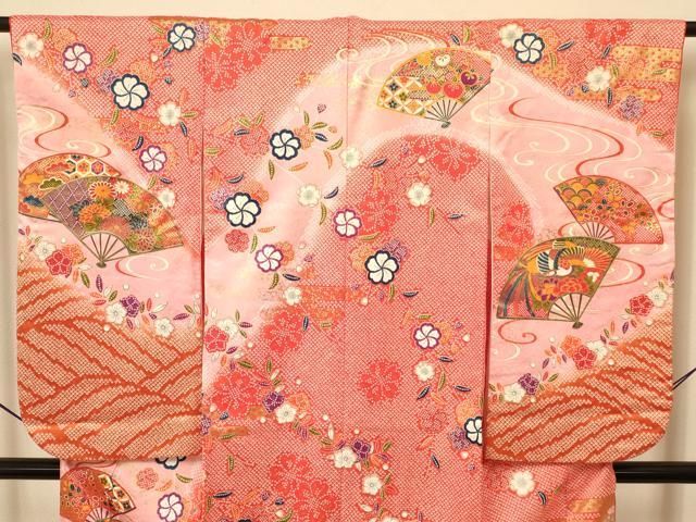 503ag64◎七五三 7歳 全通袋帯 ハーフ成人式 ラメ地 鳳凰 金糸◎ 平和屋着物[]七五三 女の子 7歳 祝着 四つ身 袋帯セット 扇面