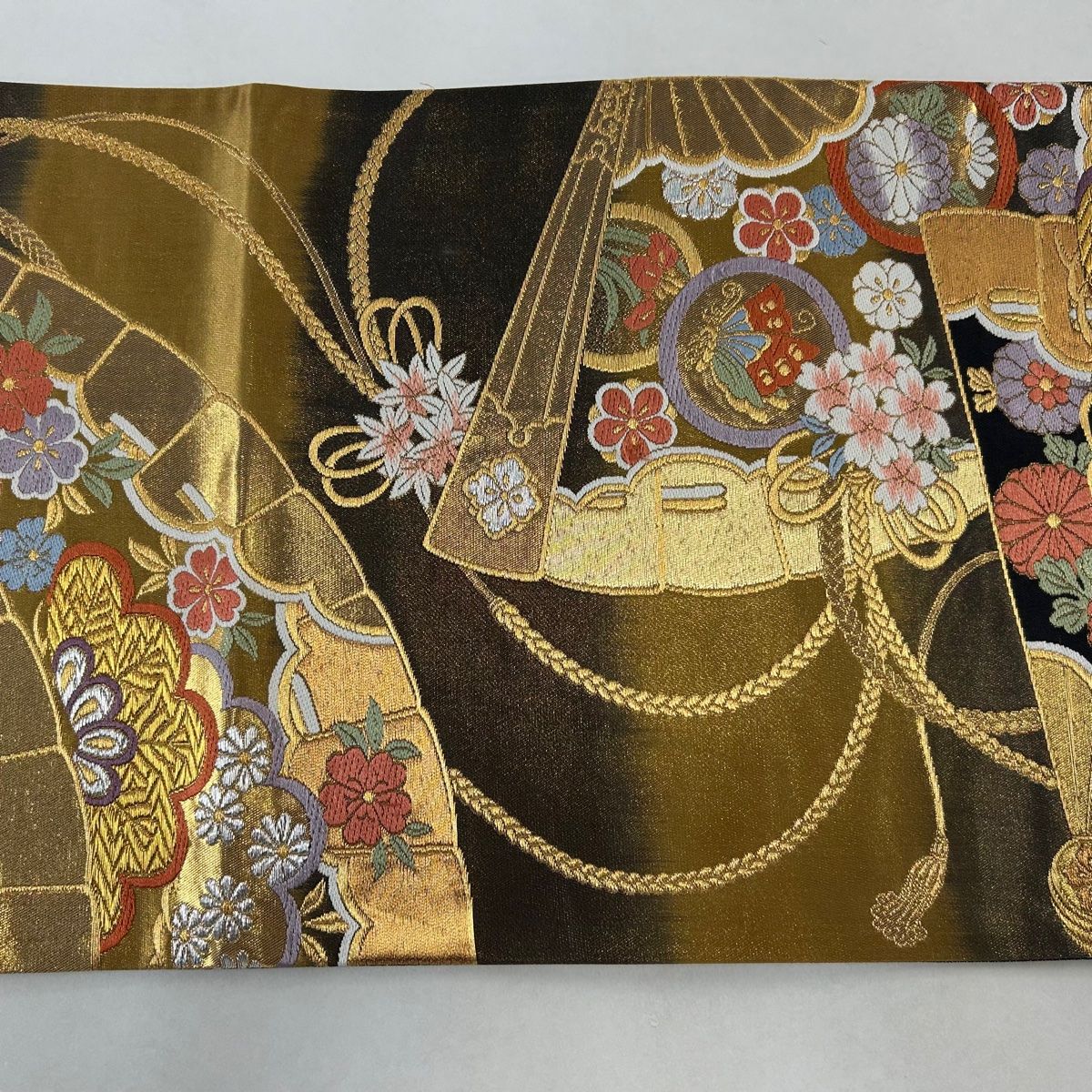 袋帯 秀品 花扇 鎌倉文 金銀糸 箔 金色 六通 正絹 【中古】 袋帯 袋帯 秀品 花扇 鎌倉文 金銀糸 箔 金色 六通 正絹 【中古】 袋帯