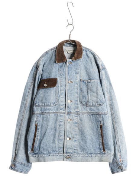 なクーポン配布中! 80s バナナリパブリック デニム ジャケット メンズ L ヴィンテージ Gジャン ブルゾン 襟 本革 スウェード レザー カバーオール ガチャポケ