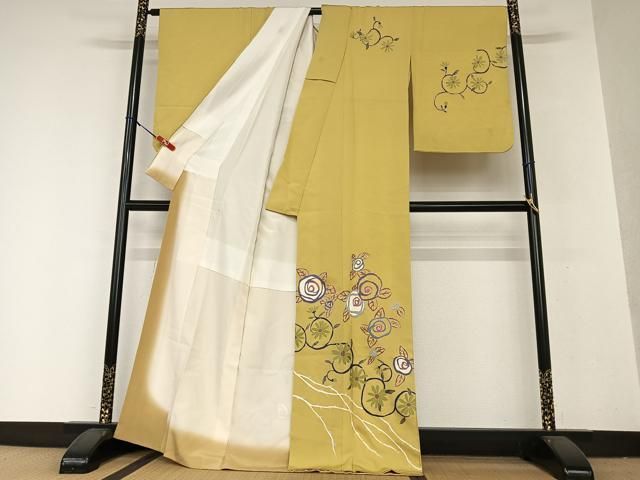 平和屋着物●京友禅作家　米沢新之助　訪問着　駒刺繍　飛鳥花文　金彩　正絹　逸品　CABA1337gh 平和屋着物○京友禅作家 米沢新之助 訪問着 駒刺繍 花唐草文