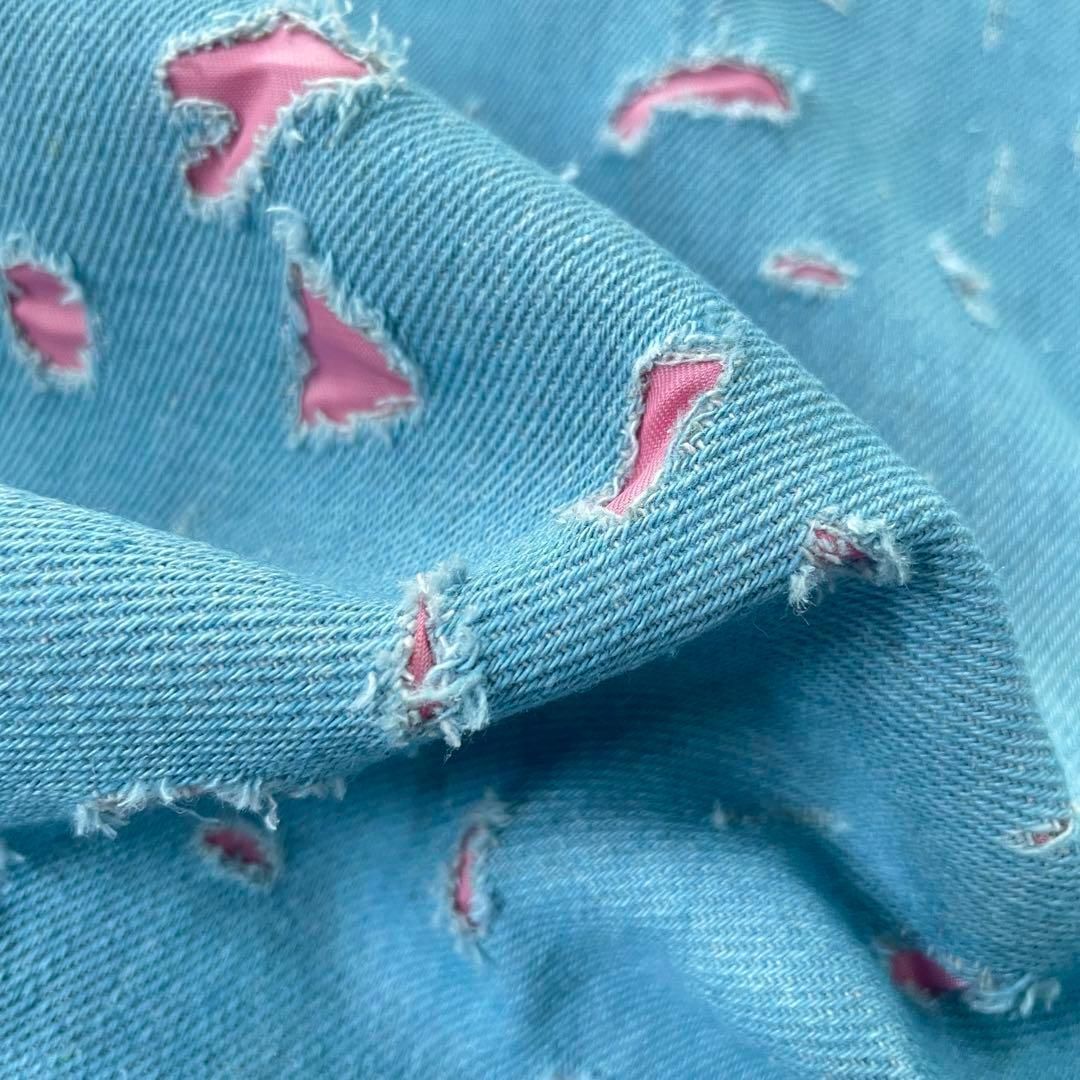 d11▽150×50cm▽コットンデニム生地▽クラッシュ ダメージ ピンク