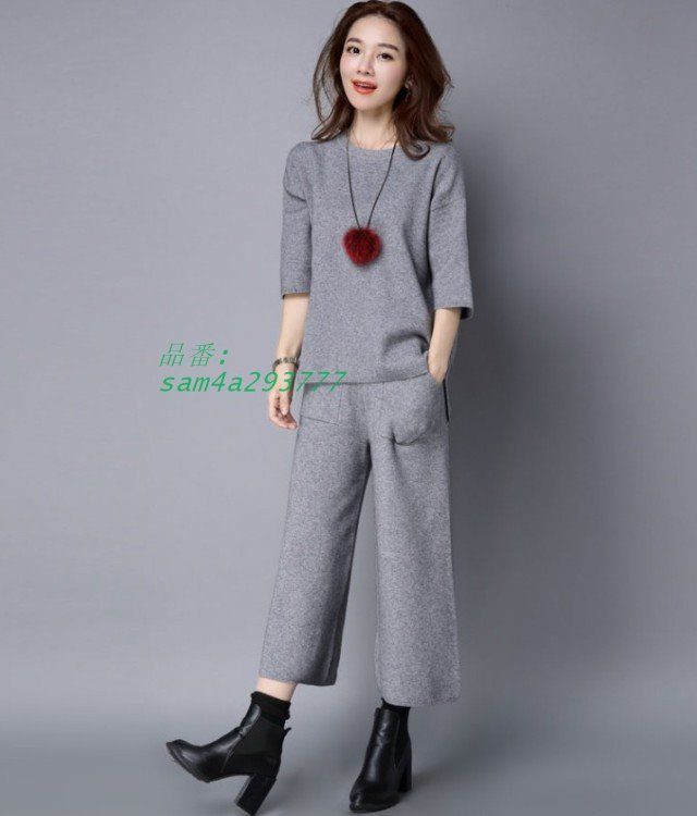 セットアップ ニット レディース パンツスーツ おしゃれ シンプル 赤 黒 大きいサイズ トップス 4L アンクルパンツ カジュアル きれいめ 3L 五分袖 am4a293777