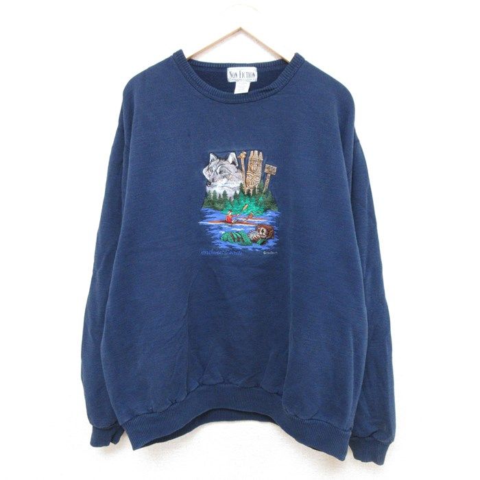 XL/古着 長袖 スウェット メンズ 90s オオカミ カヌー ラッコ 刺繍 大きいサイズ コットン クルーネック 紺 ネイビー 23nov10 中古 スエッ