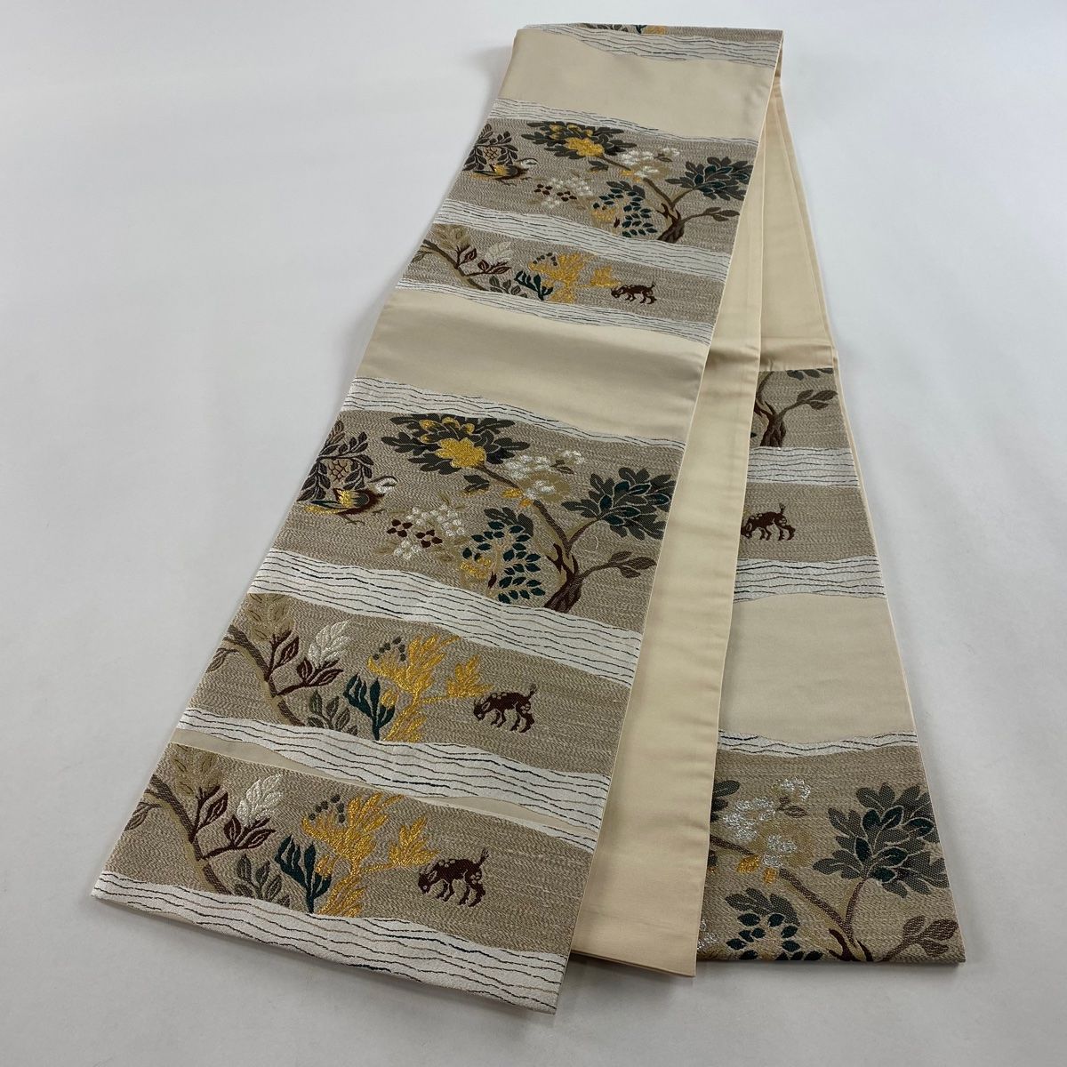 袋帯 美品 名品 花鳥 動物 金糸 箔 薄茶色 六通 正絹 【中古