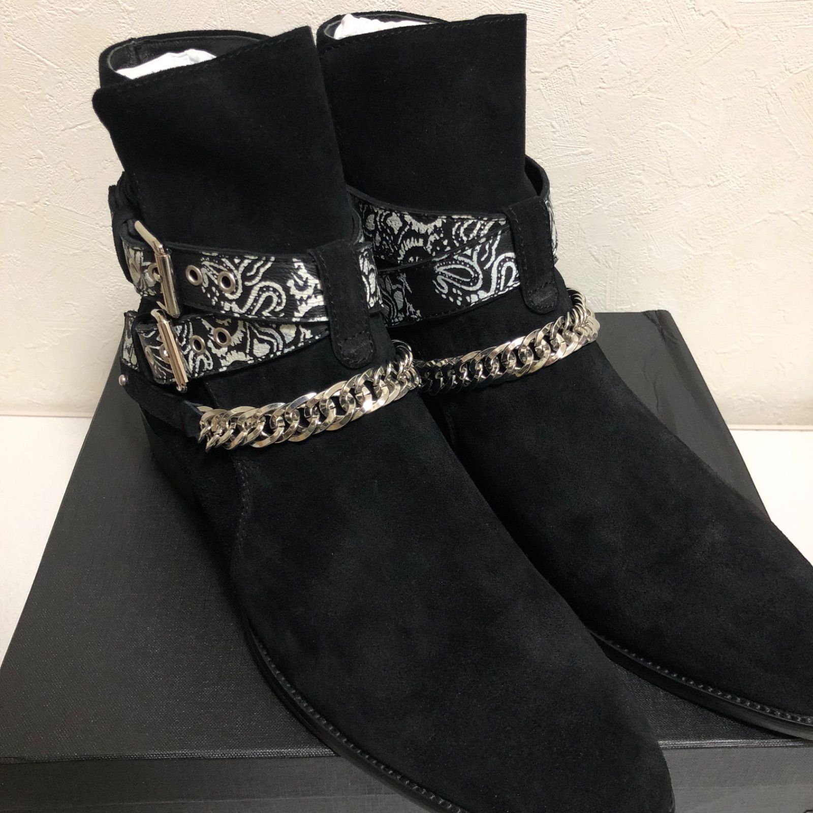 アミリ バンダナブーツ ベージュ　ブラック 26cm AMIRI 18AW スエード アンクルブーツ チェーントリム