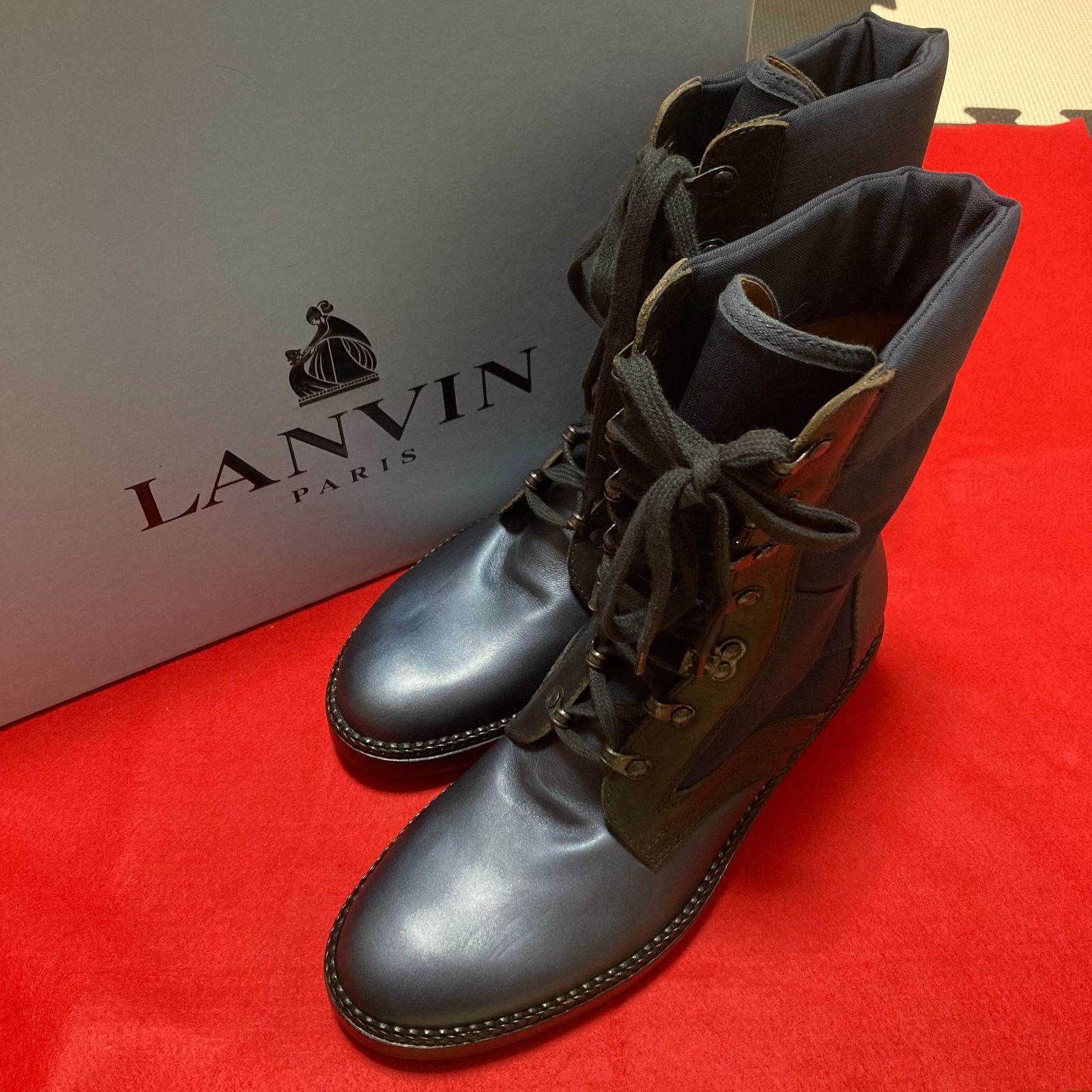 未使用品 ランバン LANVIN 靴 24cm ネイビー ショートブーツ カジュアルシューズ ナイロン×レザー 男性用 メンズ イタリア製 6 箱