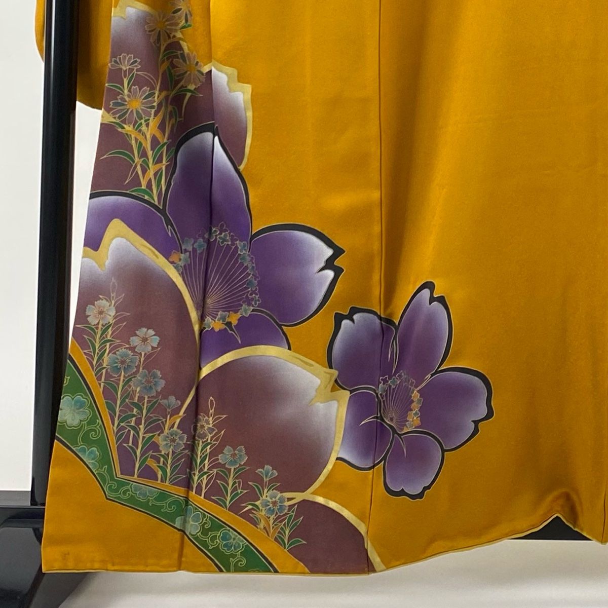 振袖 身丈161cm 裄丈67.5cm L 袷 花 草花 金彩 山吹茶色 正絹 秀