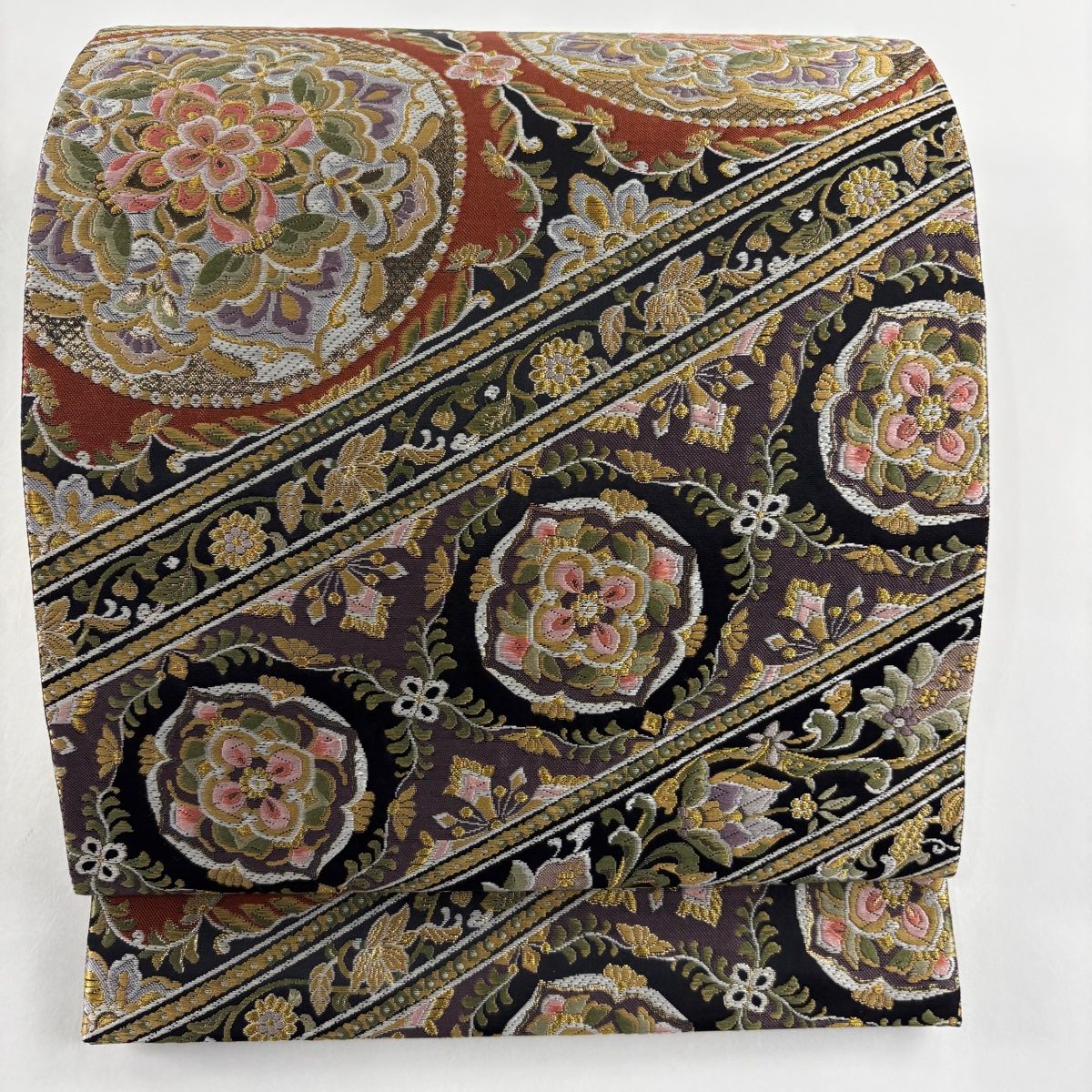 袋帯 美品 秀品 斜取丸華紋 金糸 箔 黒 六通 正絹 【中古
