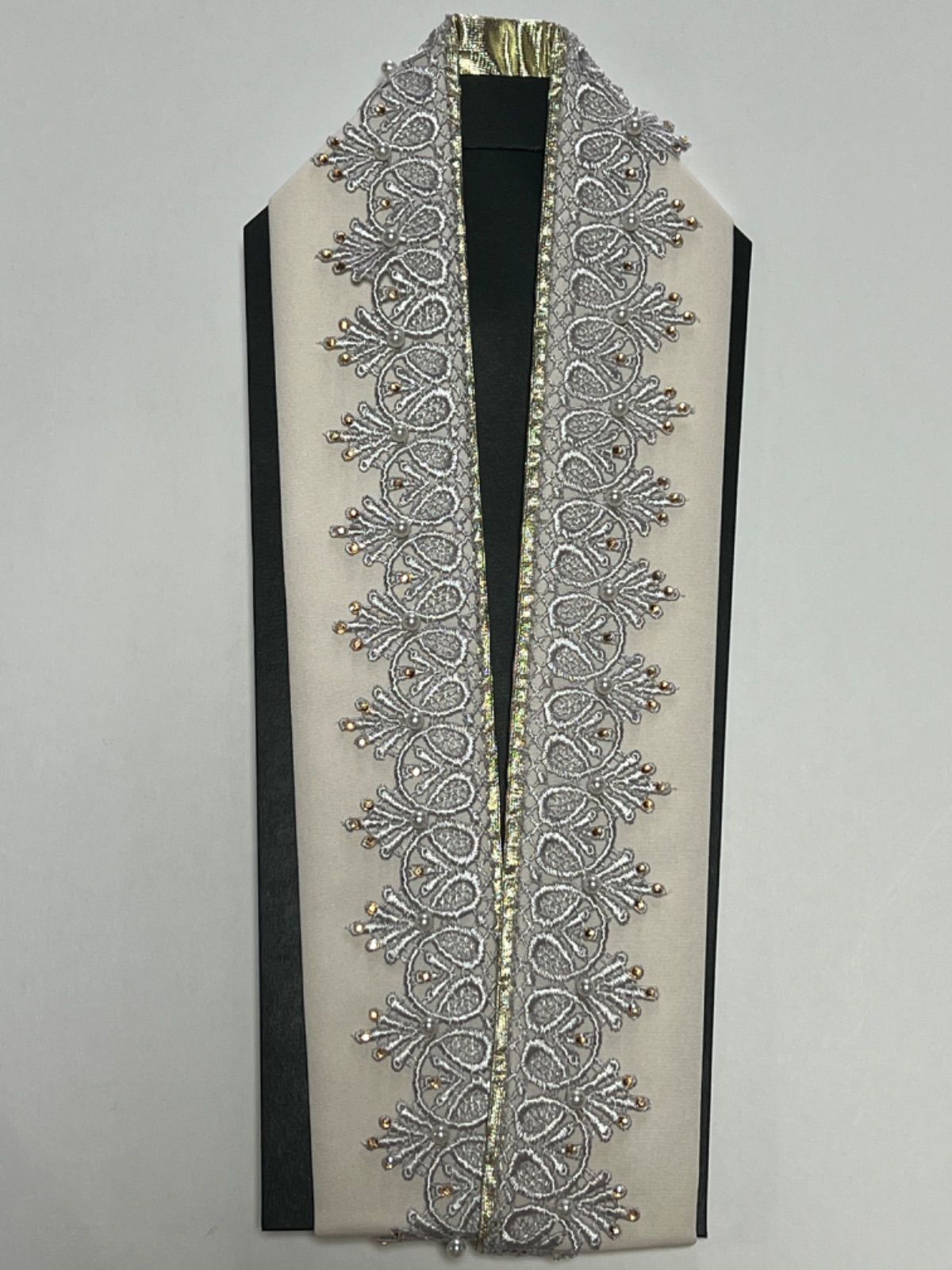 L054 伊達衿 重ね衿 白 レース パール ラインストーン