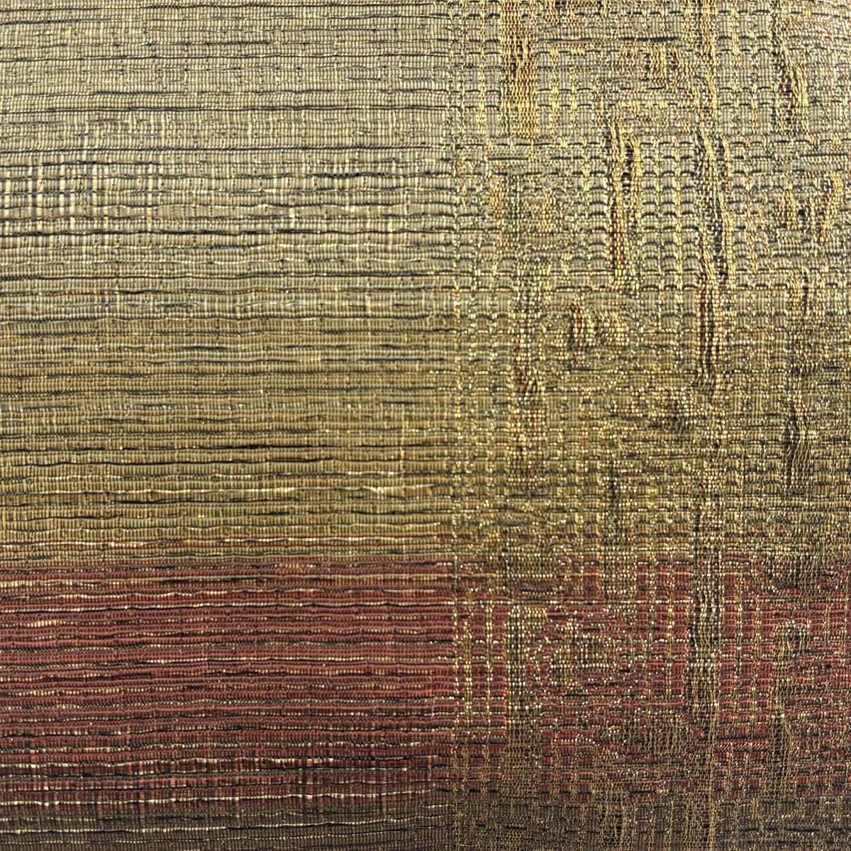袋帯 美品 秀品 段縞 幾何学模様 金糸 箔 茶緑色 全通 正絹
