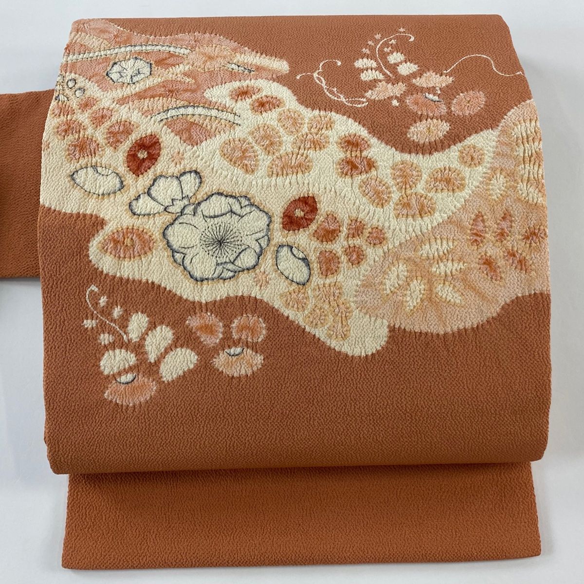 名古屋帯 秀品 草花 縮緬 ピンク 正絹 【中古】 名古屋帯 美品