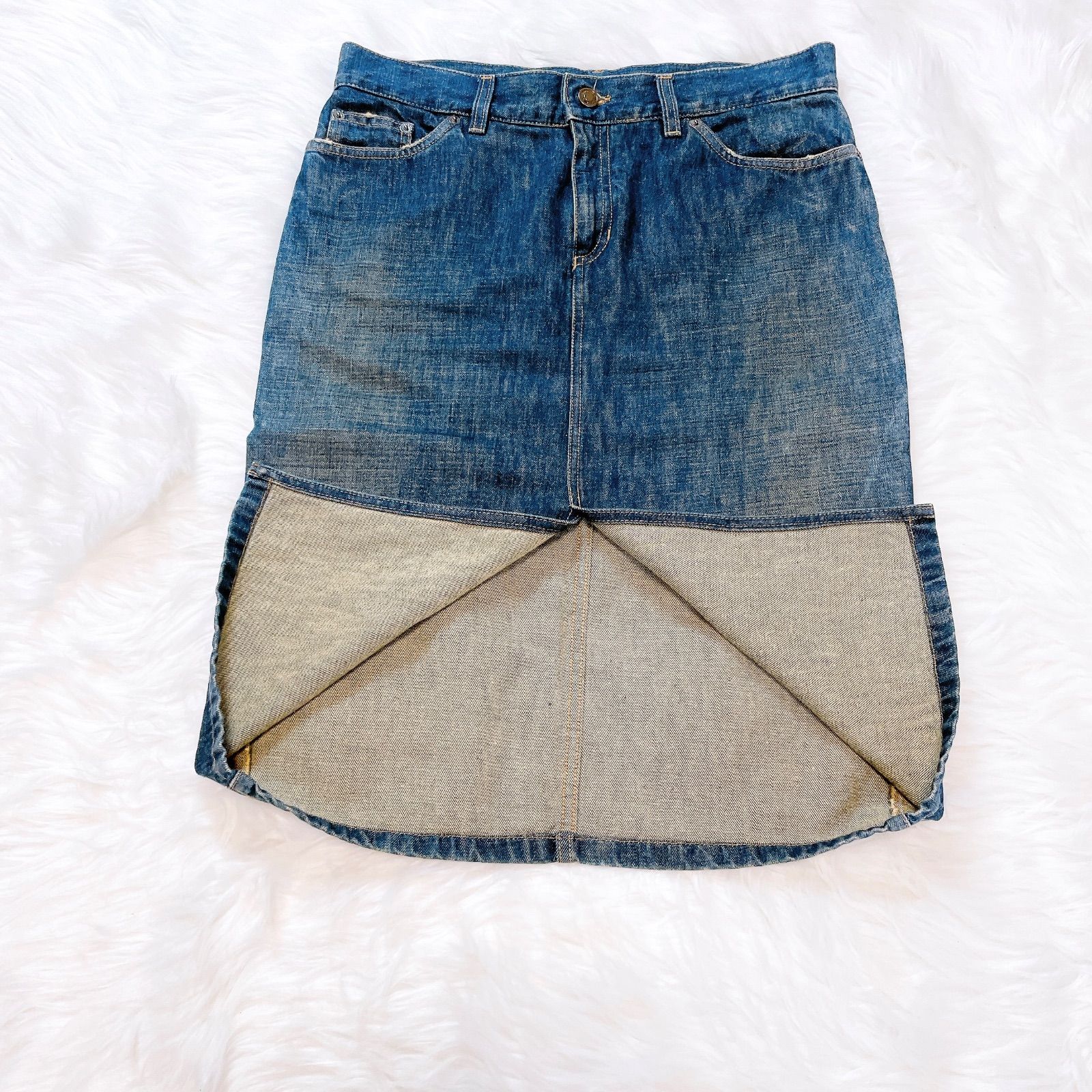 グッチ　コットンデニムひざ丈スカート　前スリット　ロゴマーク　インディゴ　XL グッチ コットンデニムひざ丈スカート 前スリット ロゴマーク