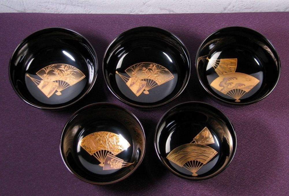 281 極美品 極上輪島塗 五島屋製木製 江戸期風俗風景図 蒔絵吸物椀５客共箱 281 極美品 極上輪島塗 五島屋製木製 江戸期風俗風景図 蒔絵