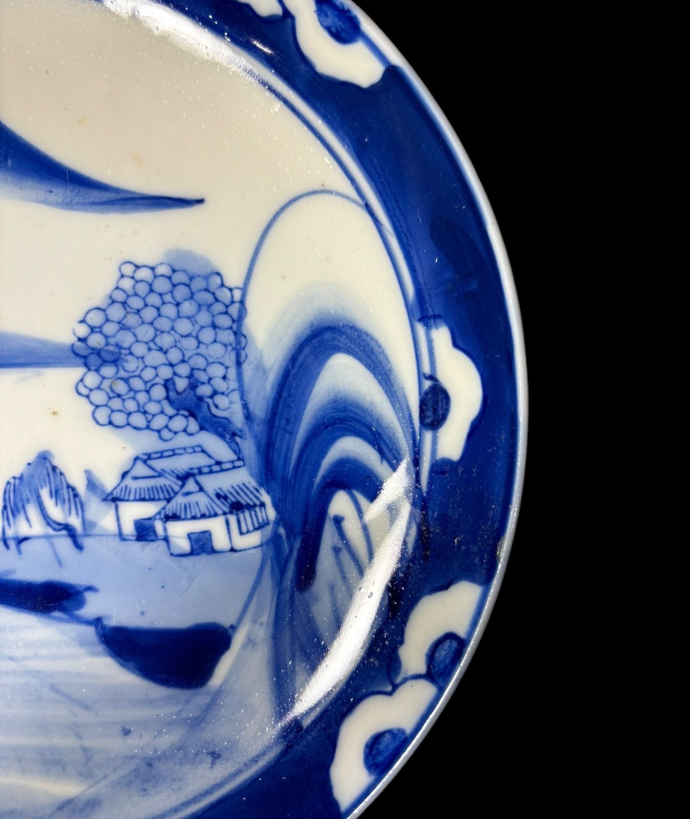 山水画 円形皿　大皿 骨董品 昭和レトロ 有田焼 峯山 染付 山水図 大皿 30.7cm 飾り