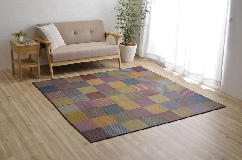 イケヒコ 国産 い草 ラグ カーペット DXカラフルブロック 約140×200cm ブルー 裏-不織布 1709200