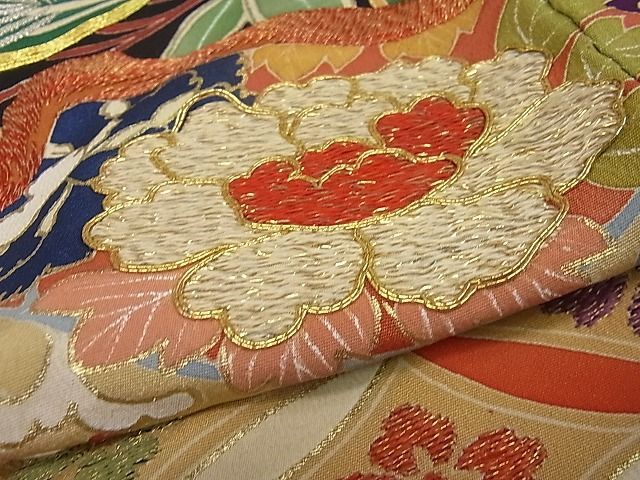 平和屋1□極上 アンティーク 大正ロマン 振袖 お引き摺り 駒刺繍 黒地