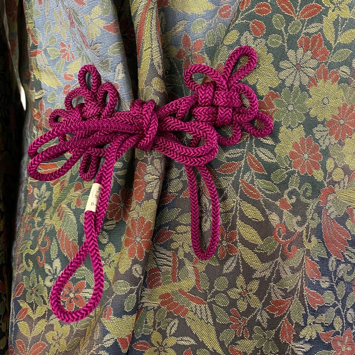 道中着 身丈104cm 裄丈64.5cm M 和装コート 草花 尾長鳥 灰緑 正絹 美  