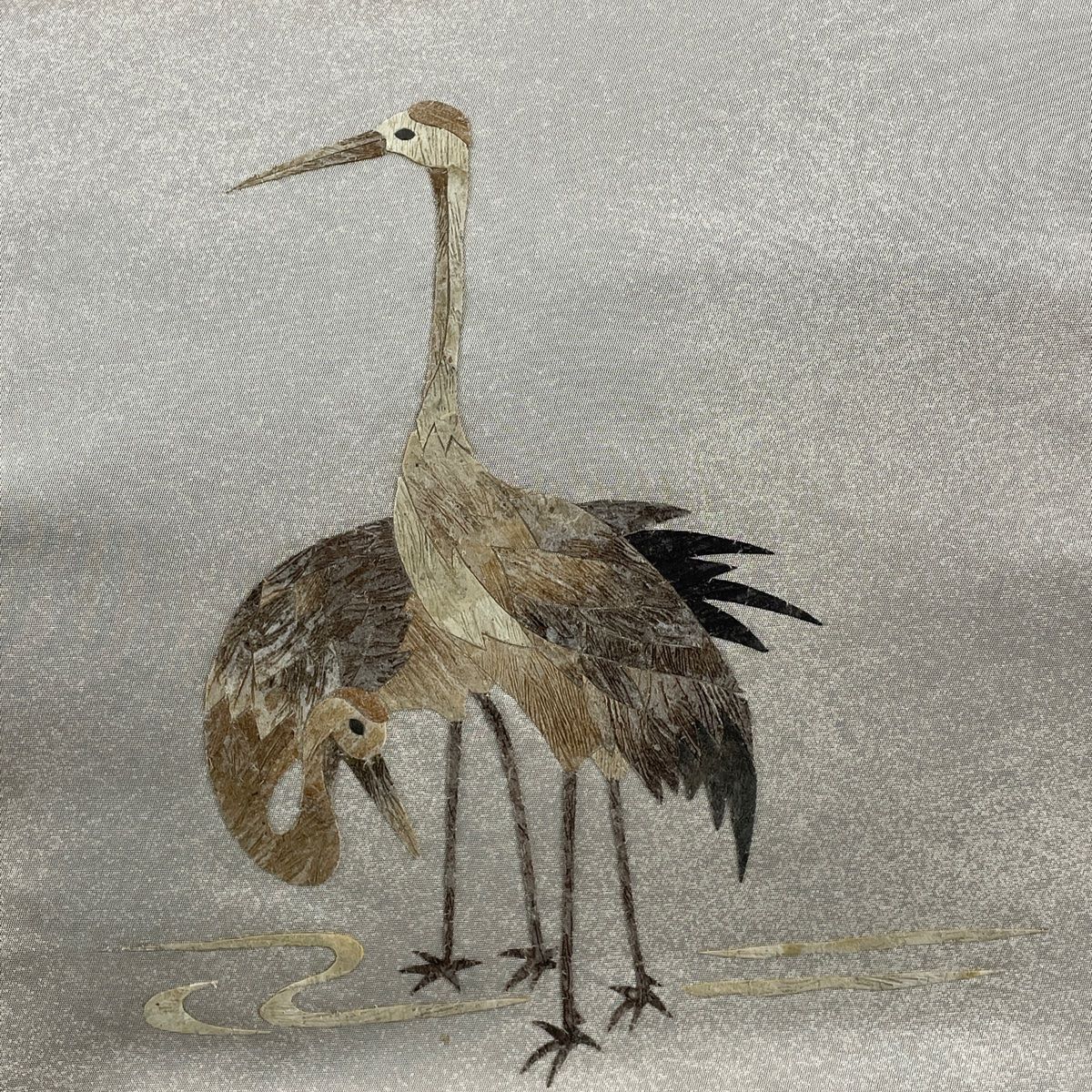 みの虫工芸作家 草苑白水 太鼓柄袋帯 群れ立ち鶴 正絹 逸品 ベージュ 袋帯