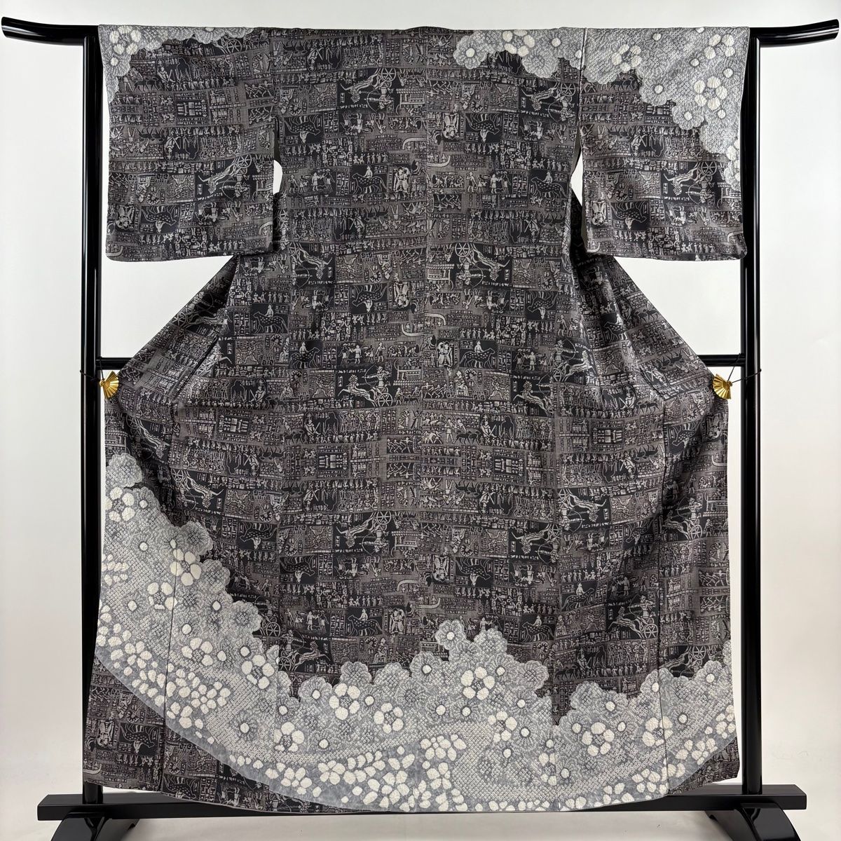 訪問着 身丈160.5cm 裄丈63.5cm S 袷 紬地 狩猟文 草花 絞り 灰紫 正絹 秀品
