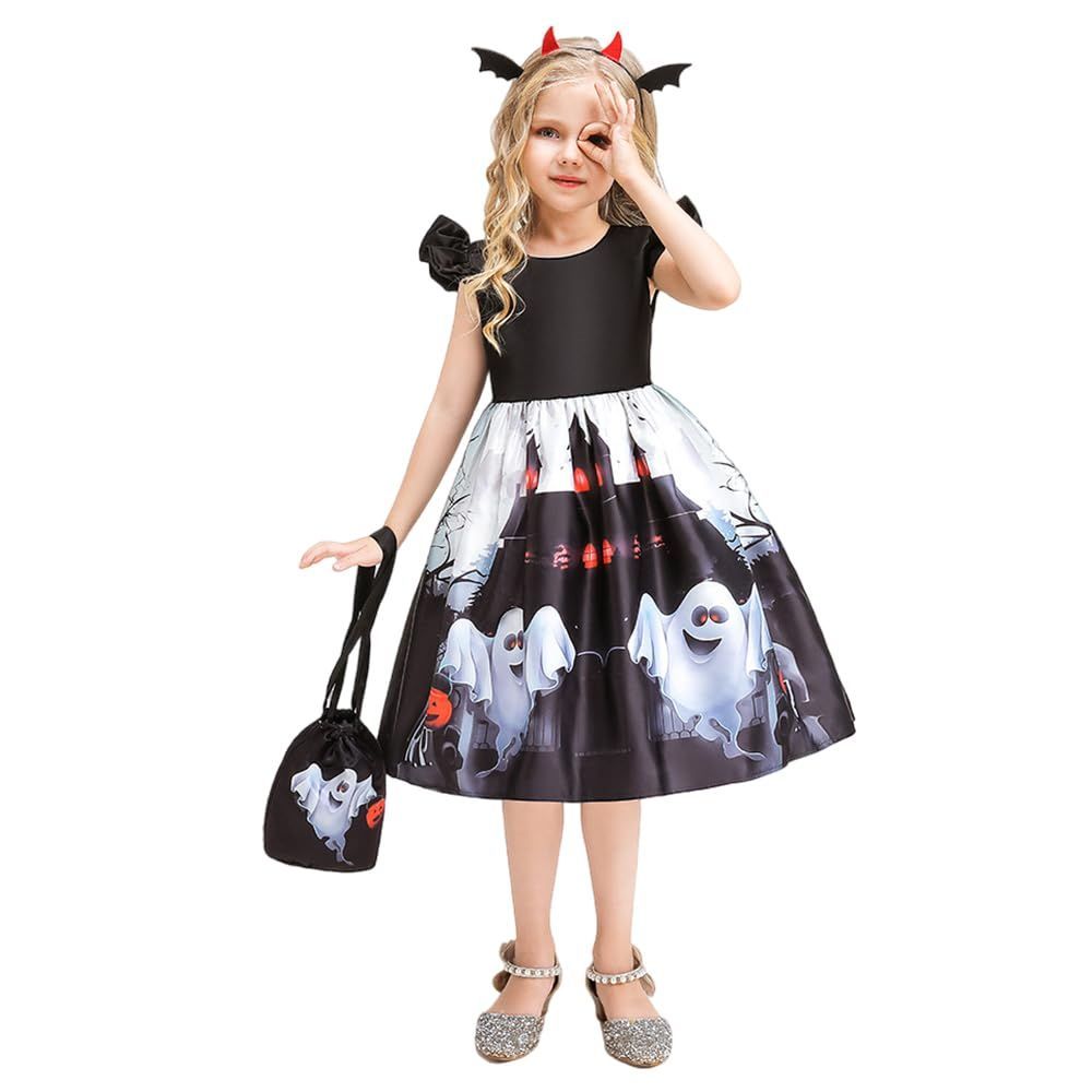 【人気商品】衣装 半袖 キッズ パーティー コスプレ オレンジ ブラック 5サイズ 演出服 100-140cm ワンピース 人気 可愛い カチューシャ 魔法使い 子供ドレス 手提げ付き 仮装 3点セット ハロウ