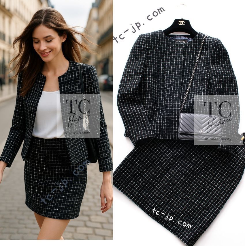 シャネル ジャケット スーツ CHANEL 90万 ブラック チェック CC  