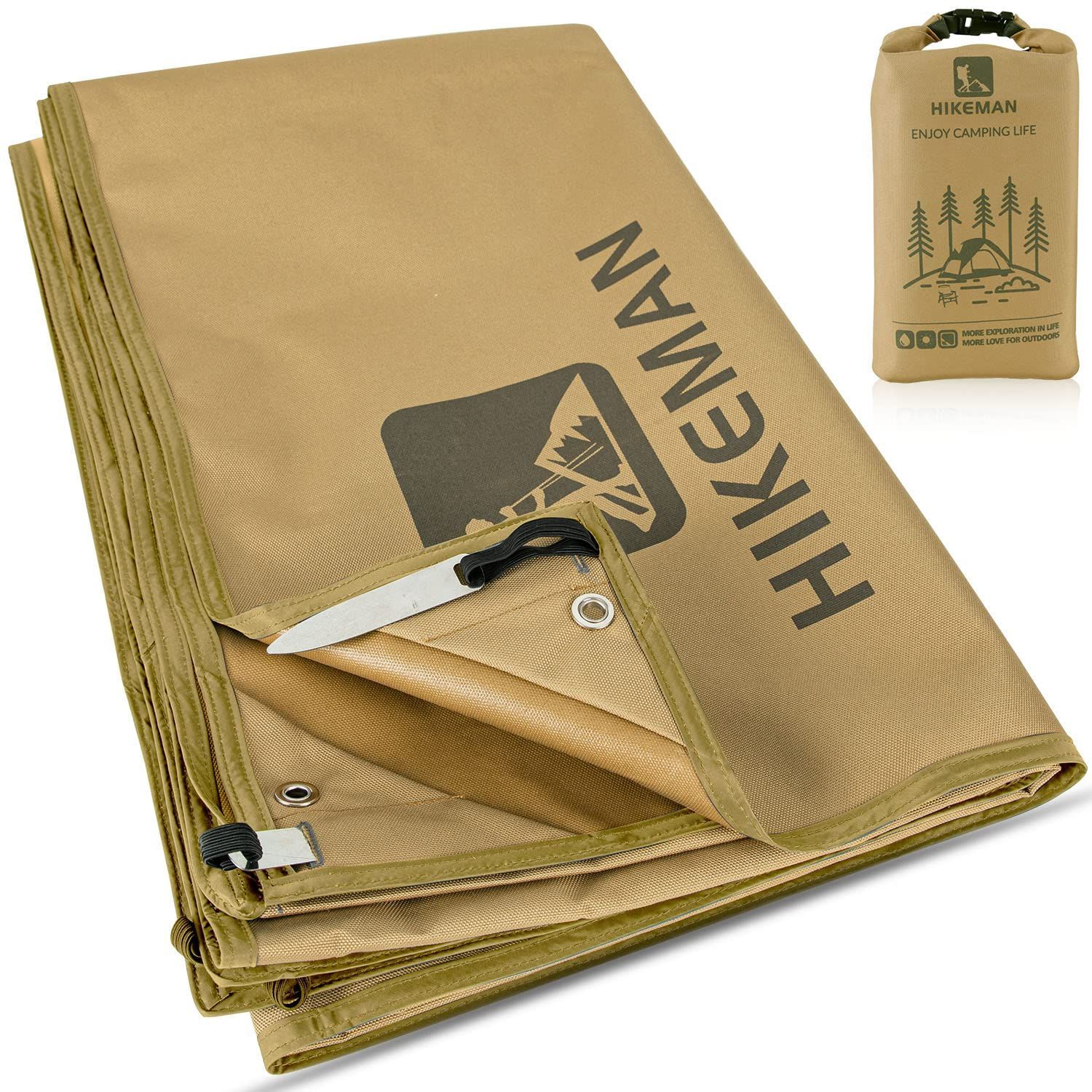 グランドシート 厚手 レジャーシート テントシート 防水 両面撥水 収納袋付き 135cm×205cm 1000D 極厚 グランドシート ハトメ8箇所 無骨 PUコーティング 1人用 ソロ用 レジャーシート アウトドア キャンプ 登山（カーキ）