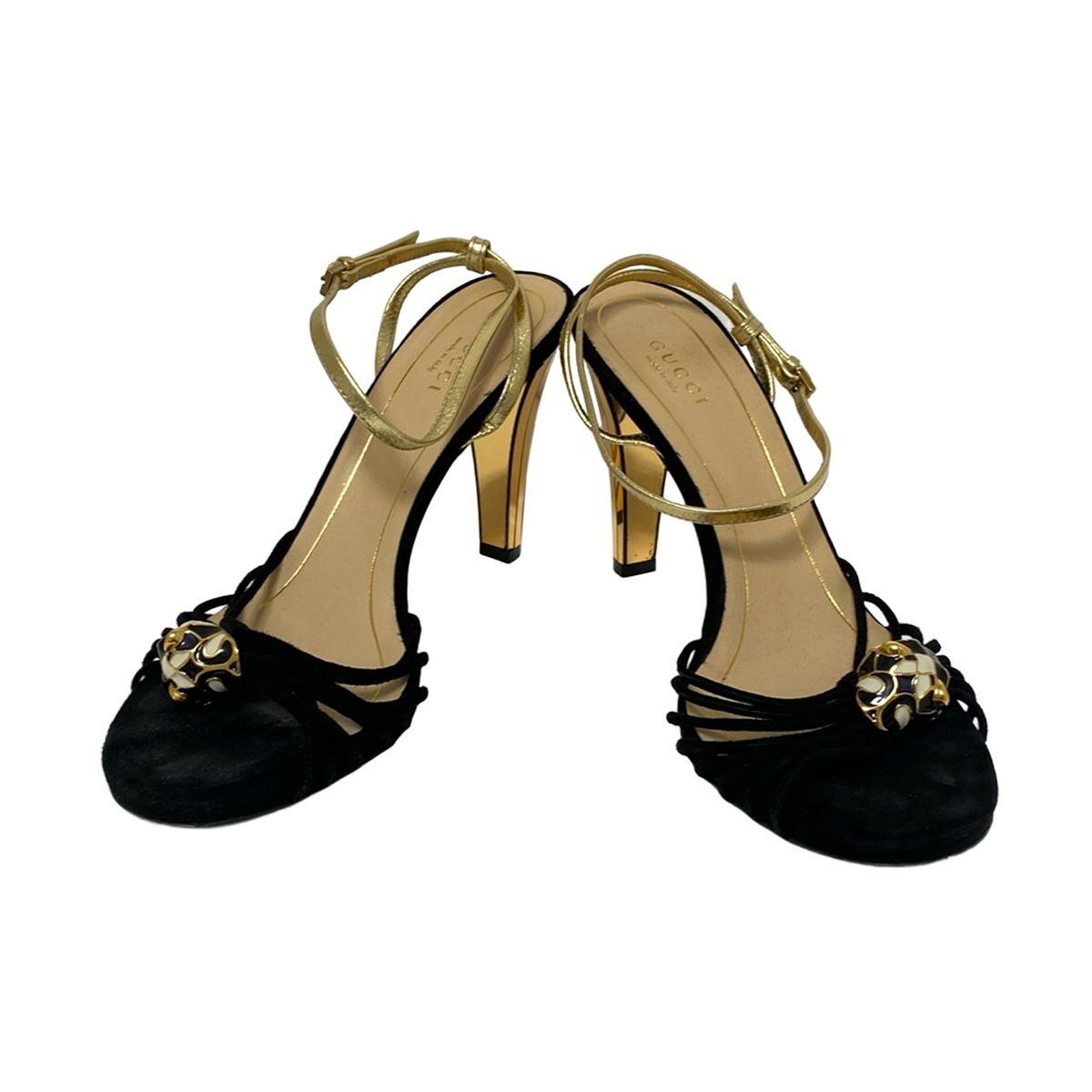 GUCCI グッチ サンダル 37 レディース - 黒×ゴールド アニマルモチーフ レザー