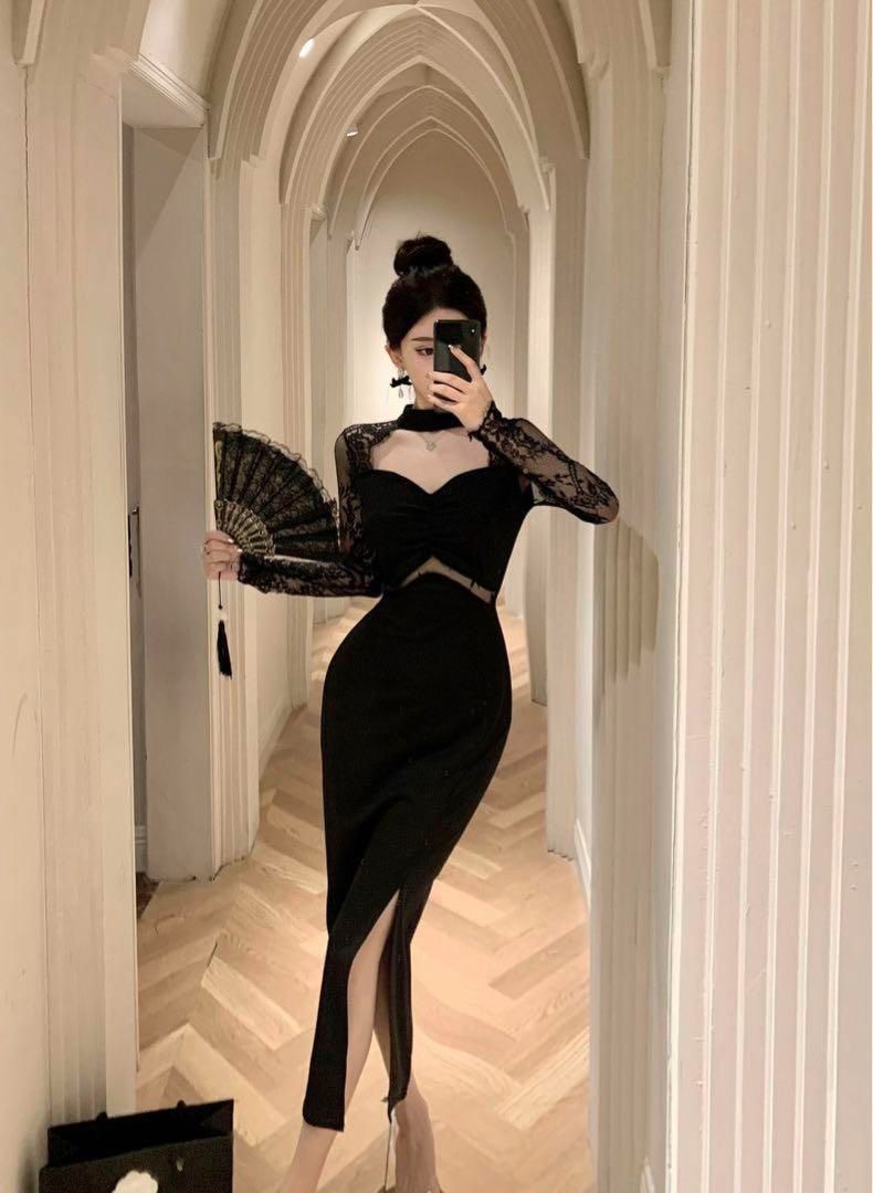 【美しいレースが特徴】ドレス　ひざ丈　セクシーなカットラインと切り替えレース 美しいレースが特徴】ドレス ひざ丈 セクシーなカットラインと
