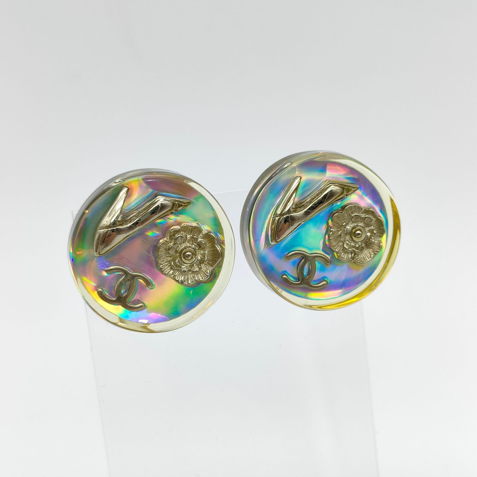 CHANEL シャネル イヤリング 刻印 97P イヤリング プリズム クリア アクリル レインボー ココマーク カメリア パンプス モチーフ マルチ S1139