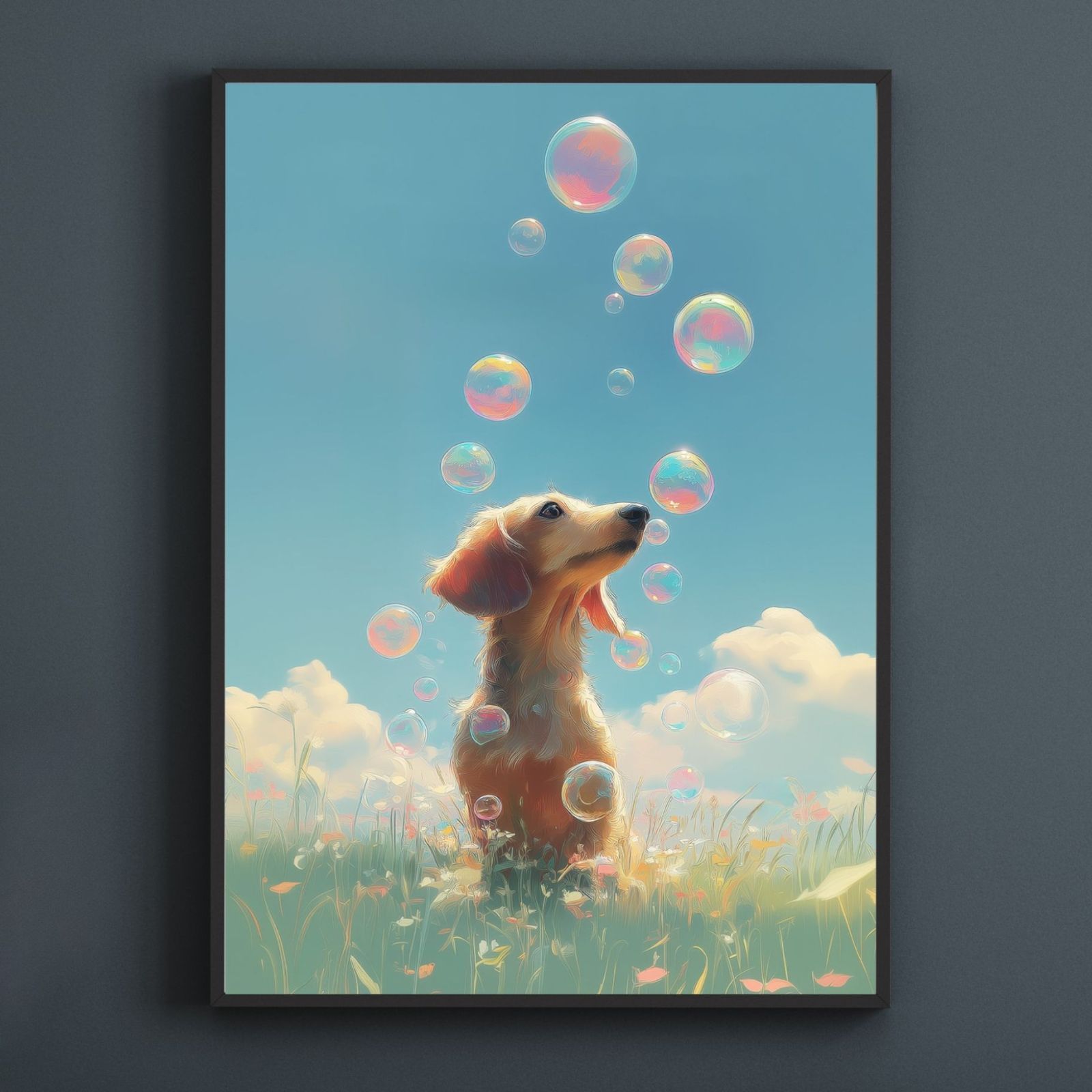名入れOK 犬とシャボン玉 - ダックスフンド犬 No.2 アートポスター うちの子記念日 ペットロス 北欧 ナチュラル