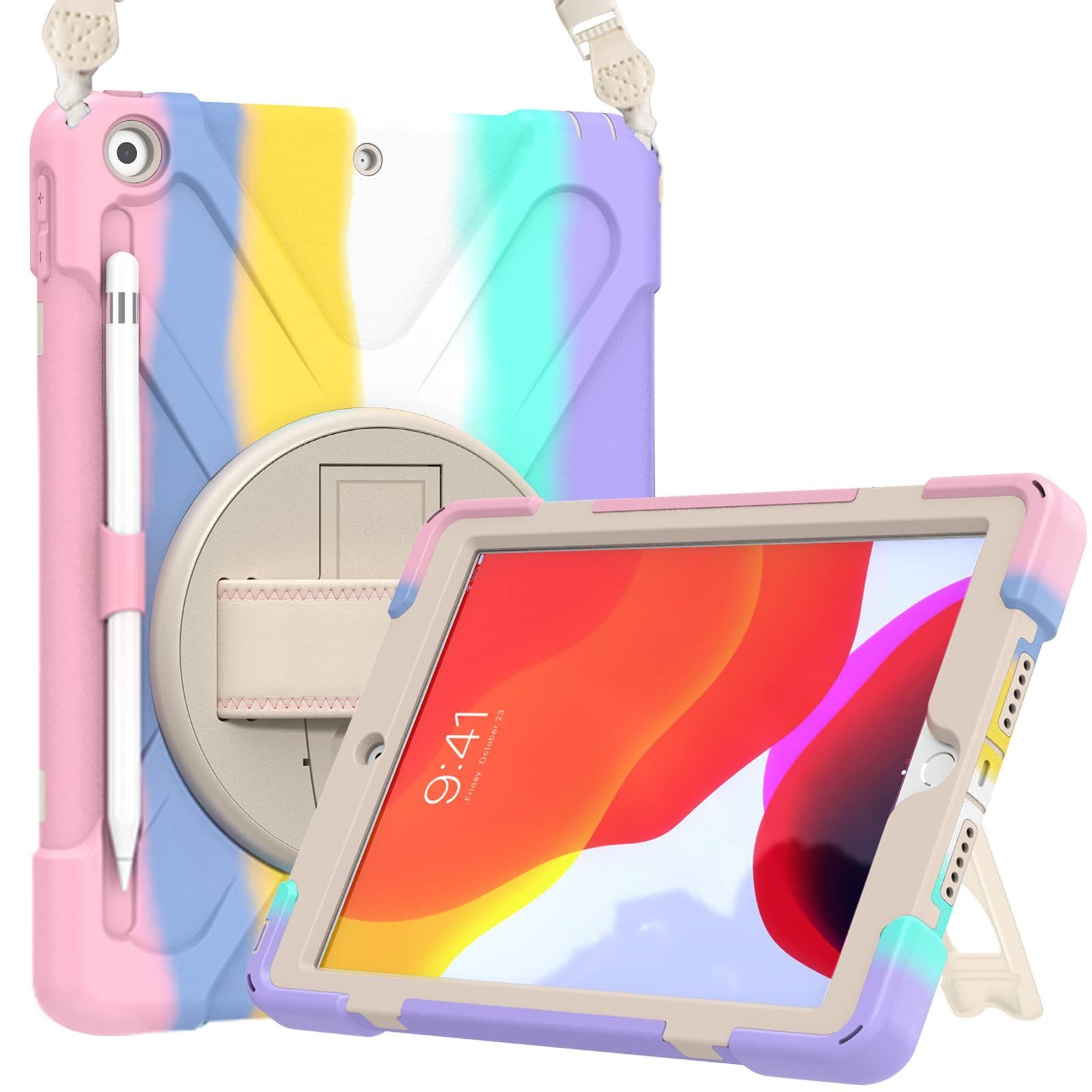 ProCase iPad 9 8 7 ショルダーケース 10.2 肩掛け式 耐衝撃カバー 2021 2020 2019 ペン収納 360°回転スタンド 手首付き 3層保護デザイン 現場作業 子供用 -カラフルピンク