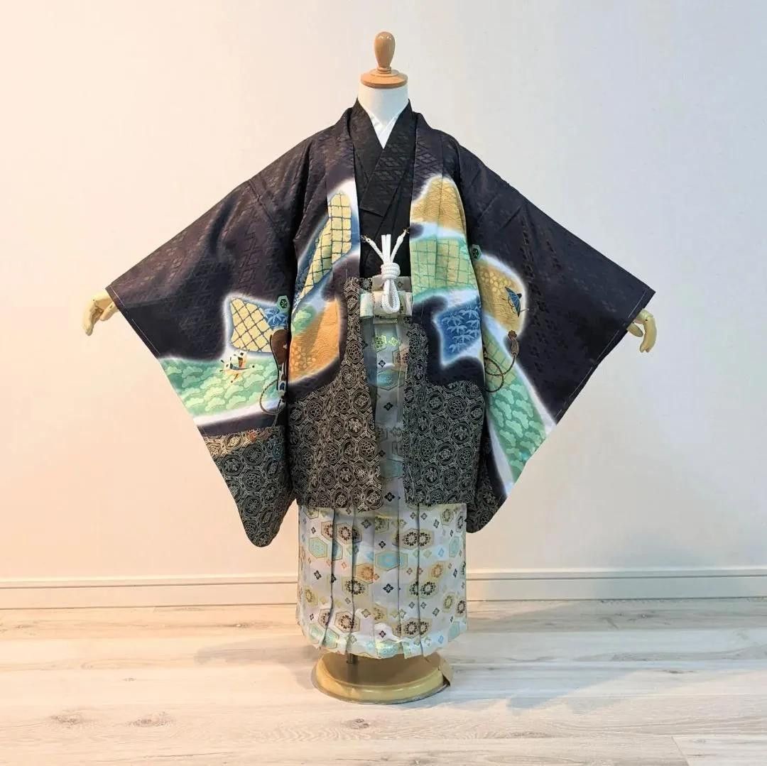 七五三 五歳 男児 羽織・着物・襦袢3点セット 金刺繍 紺地 鷹 綸子地 5