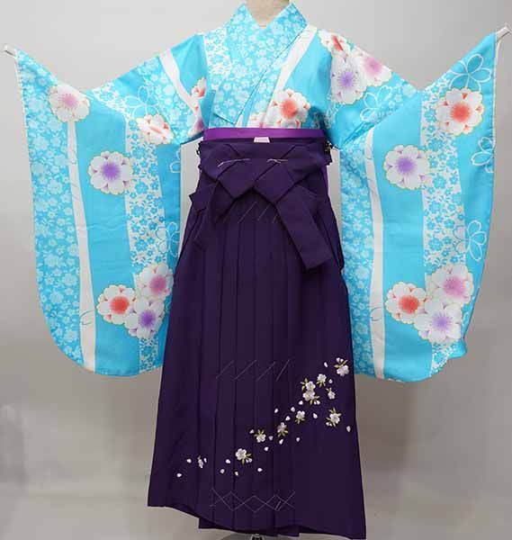 二尺袖 着物 袴フルセット ジュニア用へ直し 135cm～150cm 小紋柄 水色 袴変更可能 卒業式 NO41253-02