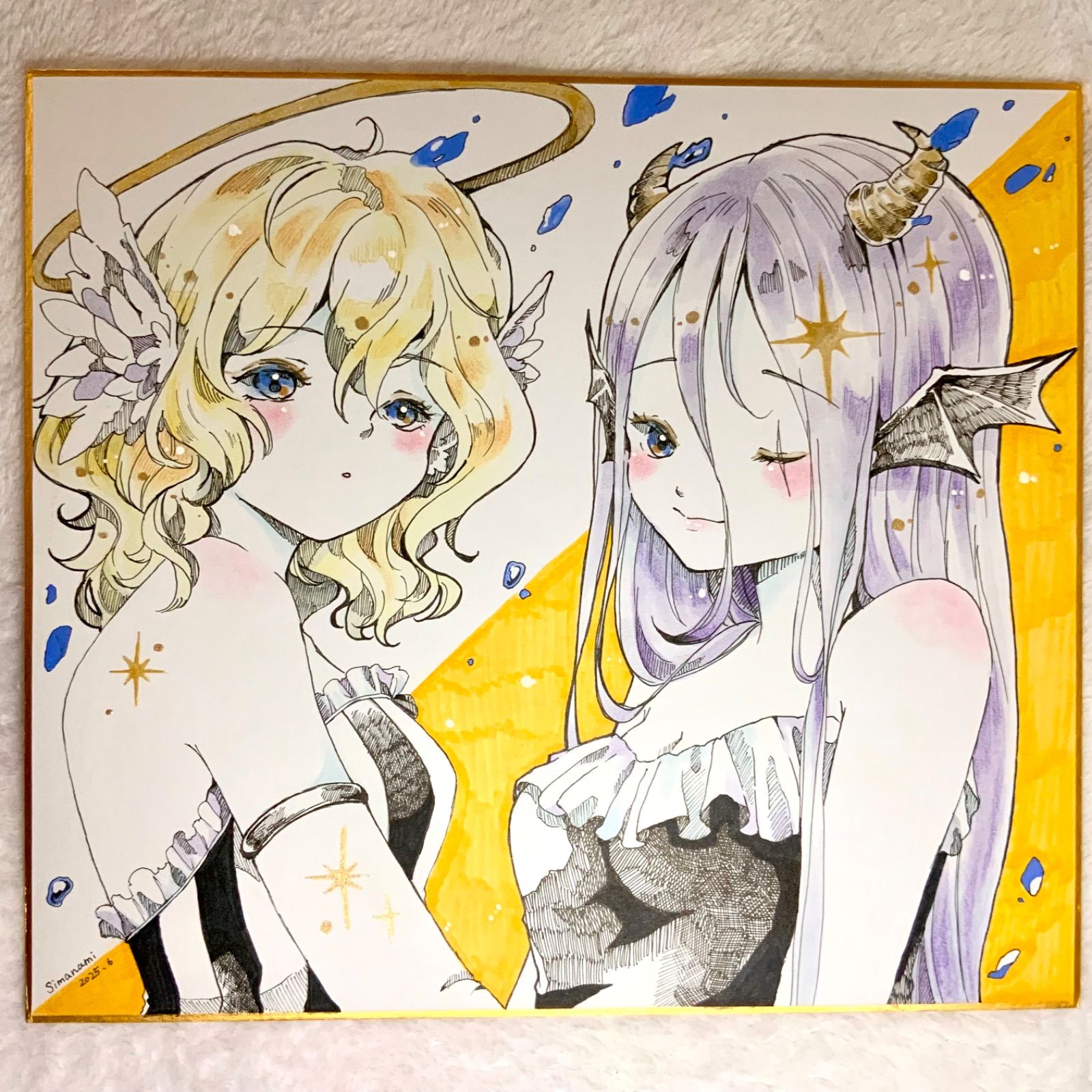 オリジナルイラスト 天使と悪魔ちゃん 色紙大 手描き 原画 女の子