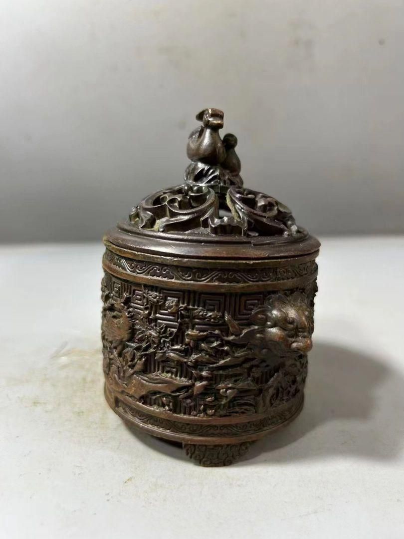 銅器 浮彫百福網蓋薫香炉 檀香炉 香道具 装飾品 工芸品 美術品 銅器 浮彫百福網蓋薫香炉 檀香炉 香道具 装飾品 工芸品