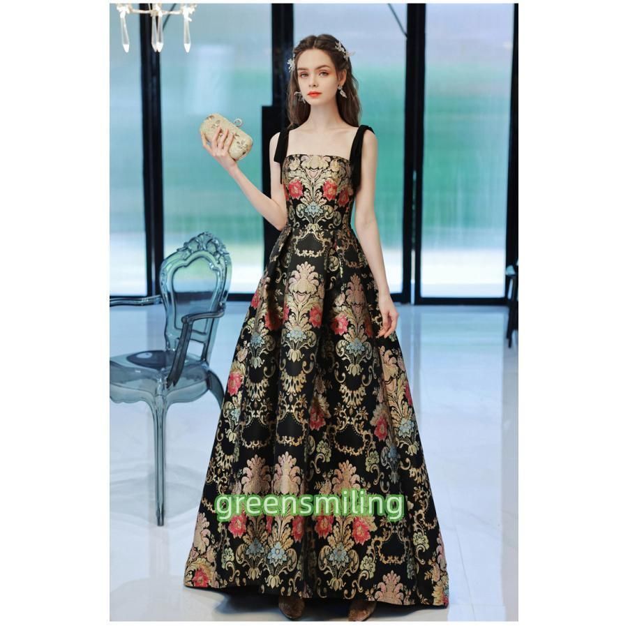 カラードレス カクテルドレス ロングドレス 花柄 パーティードレス 発表会 演奏会 ステージ イブニングドレス ブラック リボン 成人式 卒業