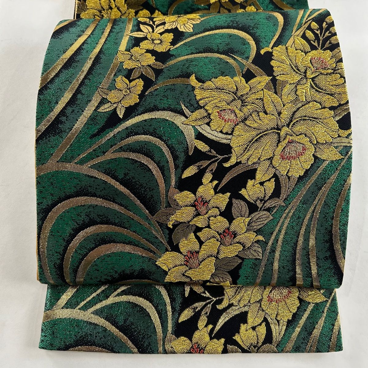 正絹 袋帯 暗み 振袖用可 オレンジ系 ミントグリーン 額文 六通 