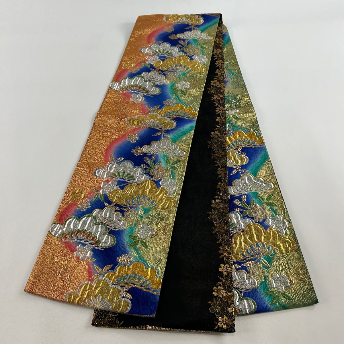 袋帯 美品 秀品 振袖向き 笠松 桜 金銀糸 箔 青 全通 正絹