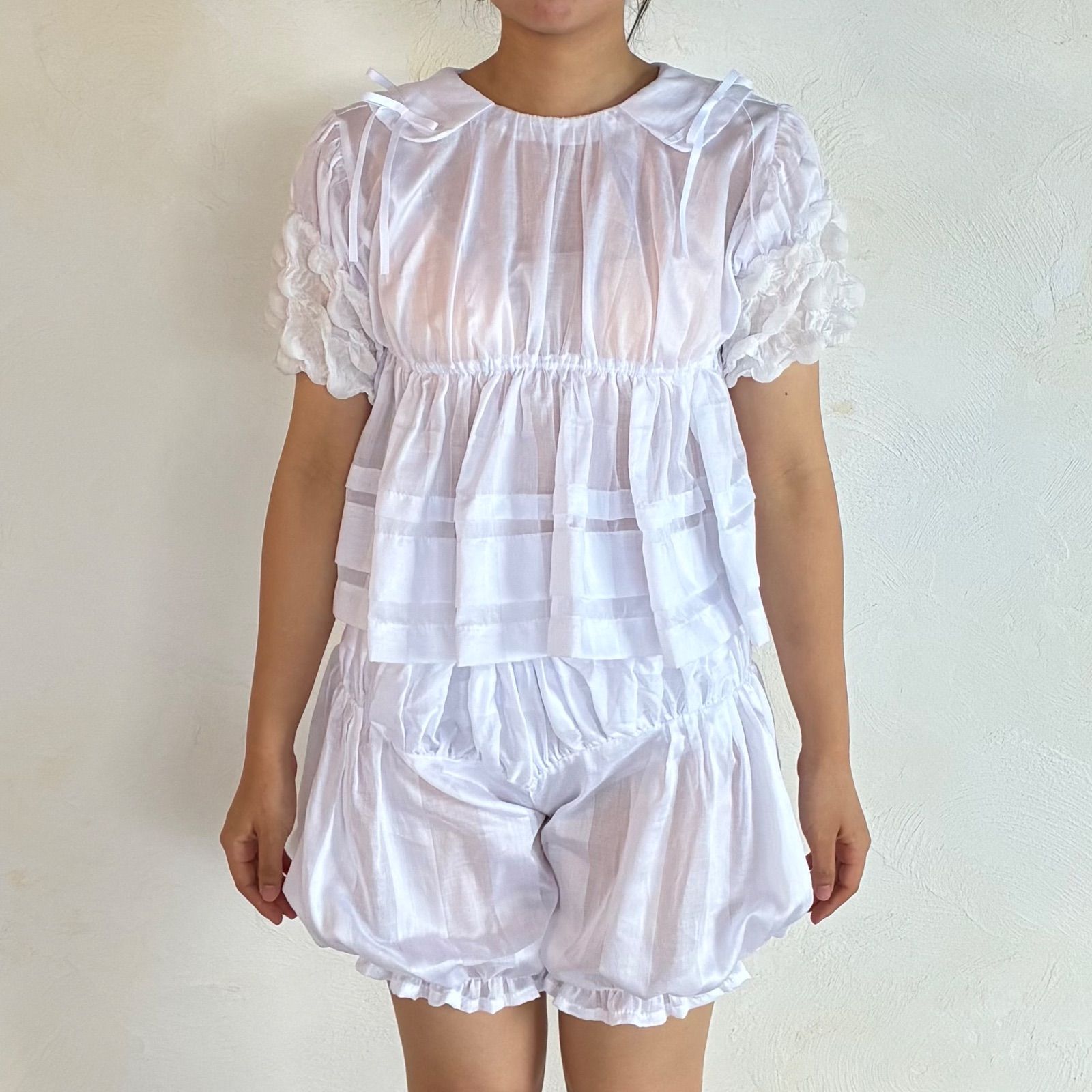 ハンドメイド 変形スリーブプルオーバーブラウス -ドロワーズボトムス セットアップ ウエディングフォト 卒業式 二次会 パーティードレス 衣装