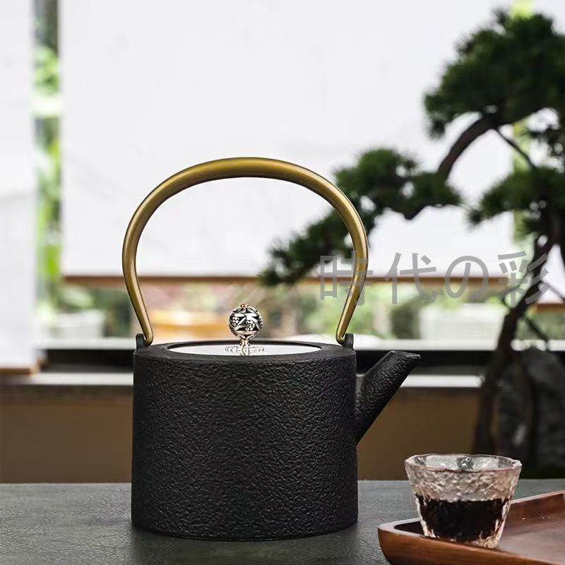 古鉄 持ち手 唐草 銀象嵌 瓶 注器 鉄瓶 銀摘 金縁朱塗蓋(K-XA812) 銀瓶