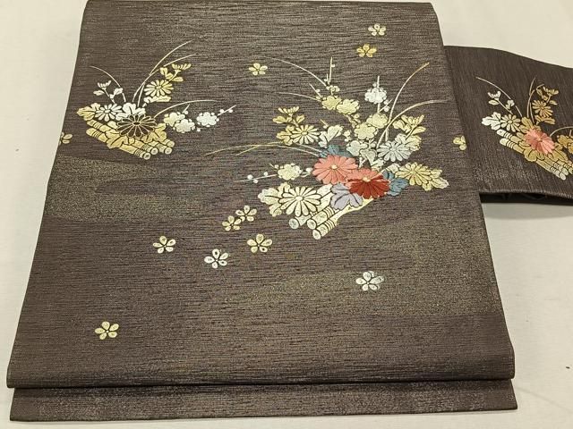 平和屋着物●九寸名古屋帯　唐織　花篭売りの声　黒地　金糸　正絹　逸品　DAAW4297cm 平和屋着物○九寸名古屋帯 唐織 花篭売りの声 黒地 金糸 正絹