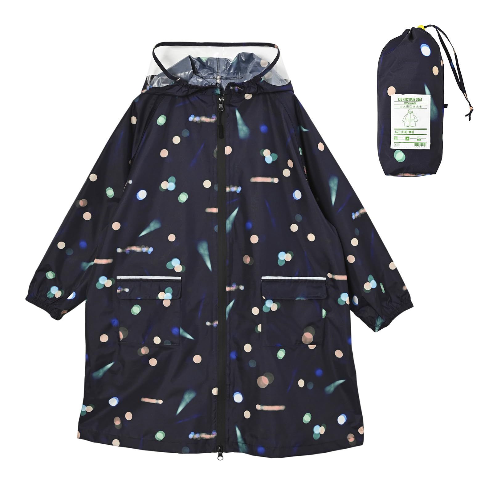 [キウ] キッズレインコート KIDS RAIN COAT 防水 撥水 はっ水 耐水 雨対策 台風 梅雨 レインポンチョ 子供 子ども カッパ 雨具 雨ガッパ 雨合羽 袖付き 収納袋 ポケット 通園 通学 幼稚園 保 [レイ