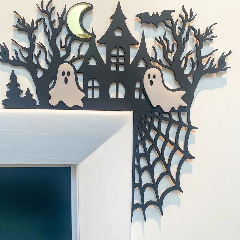 スパイキー3Dハロウィンドアコーナー 即 OK クモの巣＆幽霊付き - ポーチ用完璧なお化け屋敷テーマデコレーション クラシックな木製デザイン yunban583