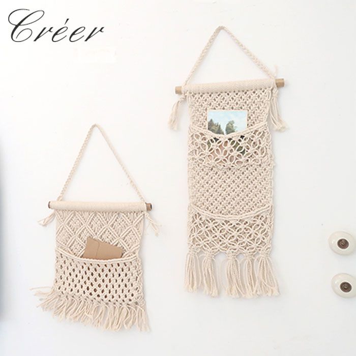 マクラメ タペストリー 壁掛け ポケット付き ウォールタペストリー 手編み コットン 天然木 マクラメ編み ハンギング ウォール デコレーション 壁飾り インテリア 雑貨 飾り プレゼント