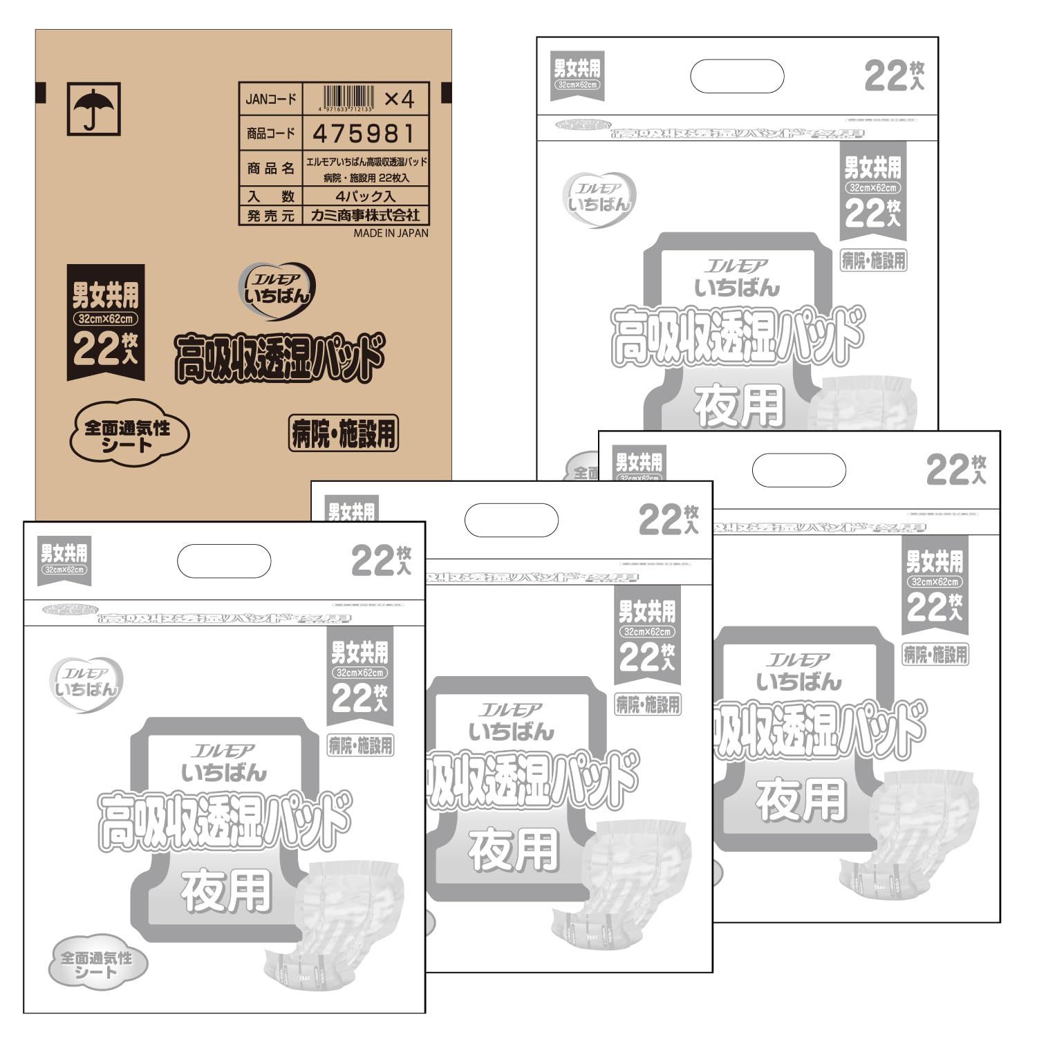 ケース販売 エルモアいちばん 高吸収透湿パッド 男女共用 病院 施設用 22枚