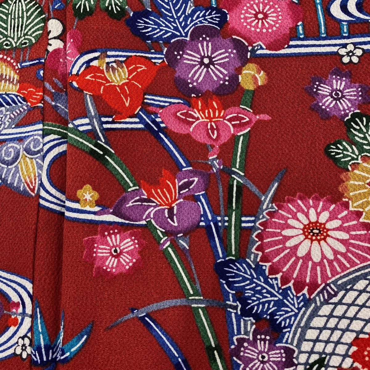 小紋 身丈163cm 裄丈66cm M 袷 松竹梅 流水 縮緬 赤 正絹 美品 秀品